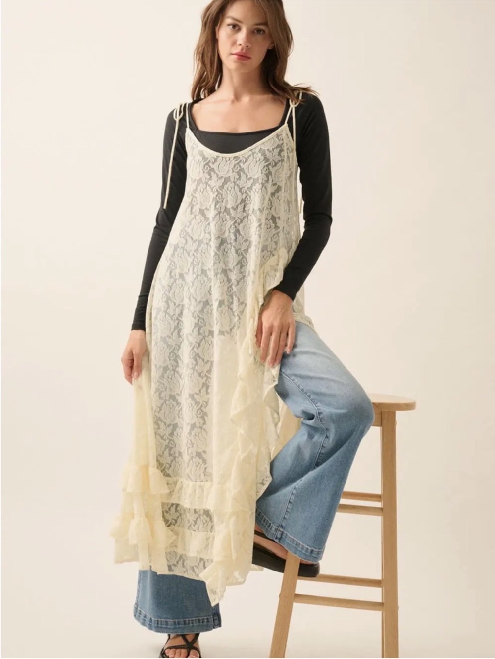 NWT Promesa Dream of You Sheer Ruffled Floral Lace Midi Dress Sz L